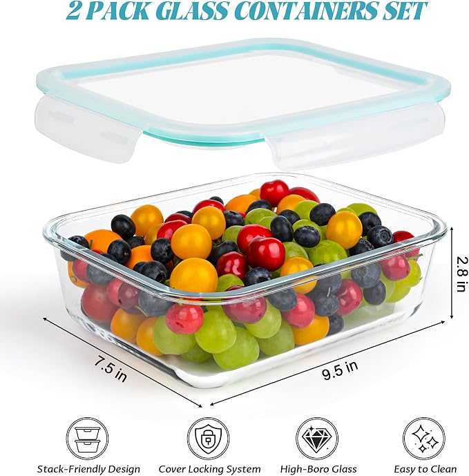 LOVYANXUE 2Pack 9.8 Cups/ 78 Oz Large Glass Food Storage Containers with Lids, Glass Meal Prep Containers with Airtight Lids - BPA Free, Leakproof, Ideal for Food Storing/Serving, Microwave/Oven Safe