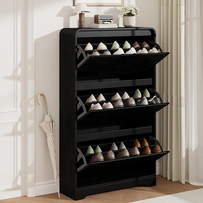 Garvee Hidden Shoe Cabinet, Black | 3 Flip Drawers, Freestanding, For Entryway, Hallway, Foyer, Modern Design, Small Space
