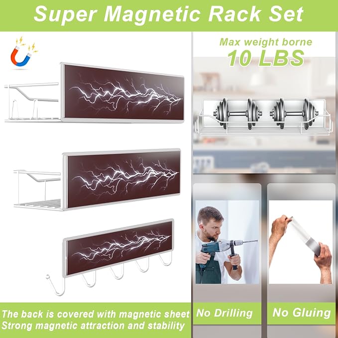 Magnetic Spice Rack for Refrigerator, 5 Pack Metal Strong Magnet Spice Organizer Shelves with Hook Rack, Space Saving Magnetic Fridge Shelf for Home Kitchen Organization and Storage (White)