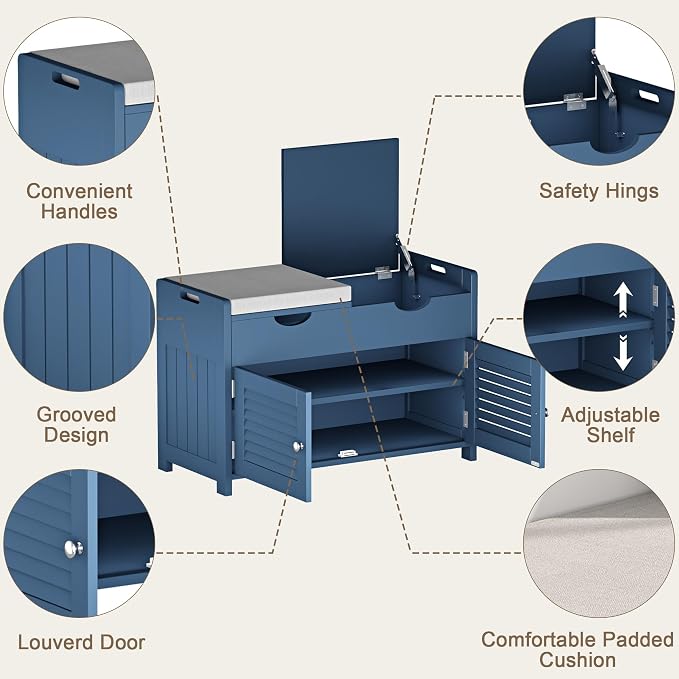 ChooChoo Shoe Storage Bench with Lift Top Storage & Cushioned Seats | 29.5" Entryway Bench with 3 Compartments & Adjustable Shelf, for Entryway, Blue