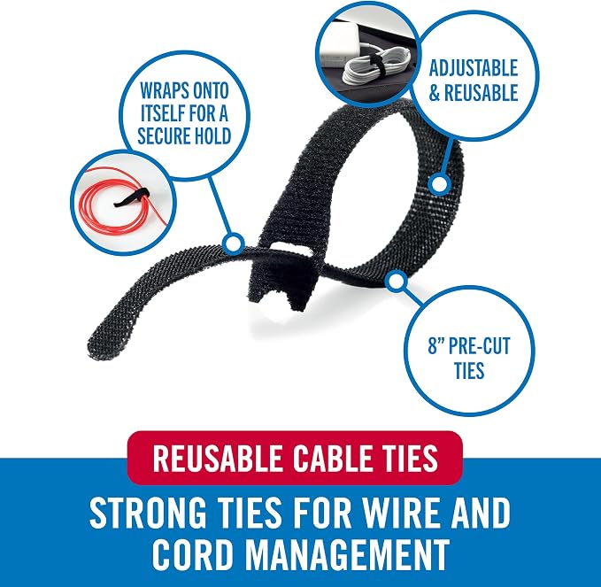 VELCRO Brand Heavy Duty Cable Ties Reusable | 60Pc Bulk Pack | 8 x 1/2" ONE-WRAP Straps, Black | Strong Wire Management | Cord Bundling for Home Office and Data Centers