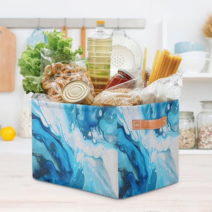 Cube Storage Bins for Shelves, Blue Marble Texture Collapsible Fabric Toys Storage Basket Box with Handles for Home Office Bedroom Closet
