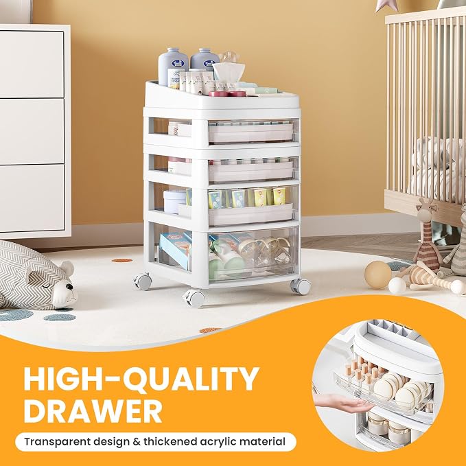 Rolling Cart with 4 Drawers, Clear Plastic Drawer Organizers, Dust Proof Under Desk Storage for Makeup, Skincare, Art Crafts and Baby Items, Acrylic Cosmetic Organizer with Dividers, Vanity Cart