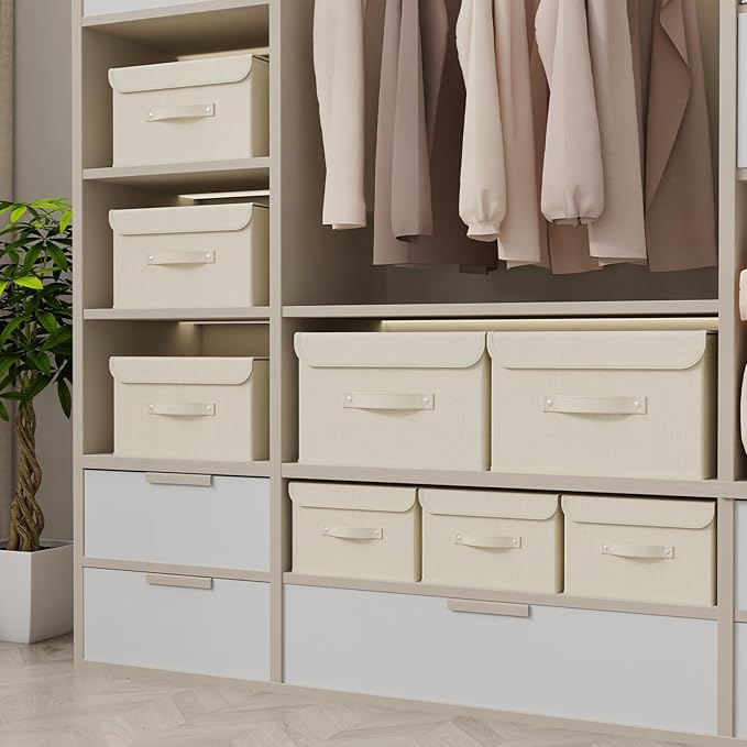 Storage Boxes, Collapsible Storage Bins with Lids, Cotton and linen cloth Storage Baskets with Handle, for Books, Closet, Bedroom, Home, 13x9.1x7.9 in, Beige