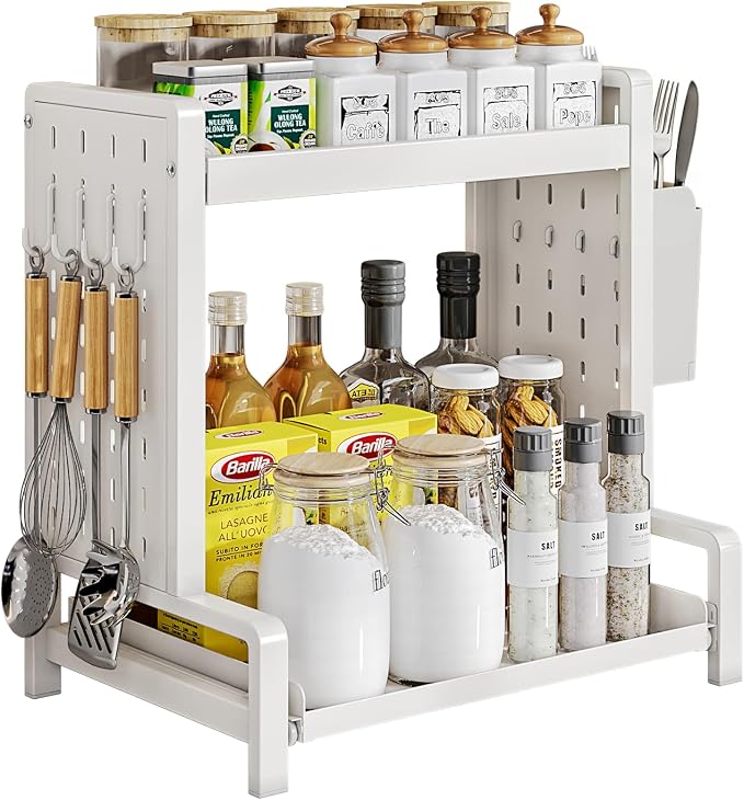 Spice Rack with Pull Out Drawer Counter Storage Organizer Metal 2-Tier | Rust-Resistant Holds 20 lbs Saves 50% Counter Space with Hooks & Hanging Basket for Kitchen Coffee Bar Bathroom Apartment