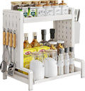 Spice Rack with Pull Out Drawer Counter Storage Organizer Metal 2-Tier | Rust-Resistant Holds 20 lbs Saves 50% Counter Space with Hooks & Hanging Basket for Kitchen Coffee Bar Bathroom Apartment