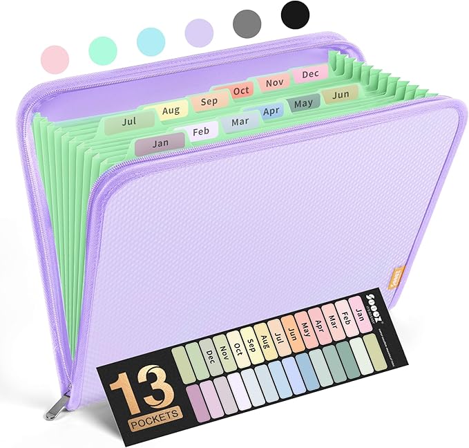 Sooez 13 Pocket Accordion File Organizer, Zipper Expanding File Folder Organizer, Reinforced Plastic Accordion Folder, A4 Letter Size, Portable Folders for Documents, Purple