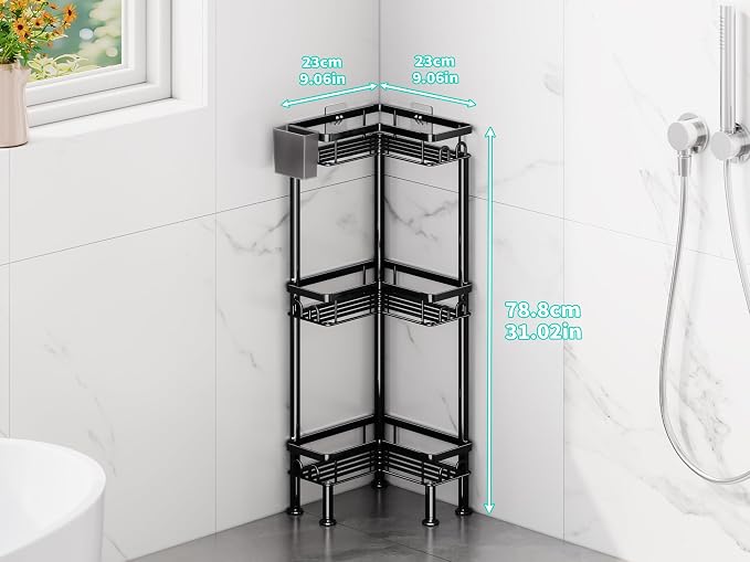 HapiRm Standing Shower Caddy Corner - 3 Tier Corner Shower Organizer with Toothbrush Holder and 12 Hooks, Large Capacity Rustproof Bathroom Shelves for Tall Bottles, Black