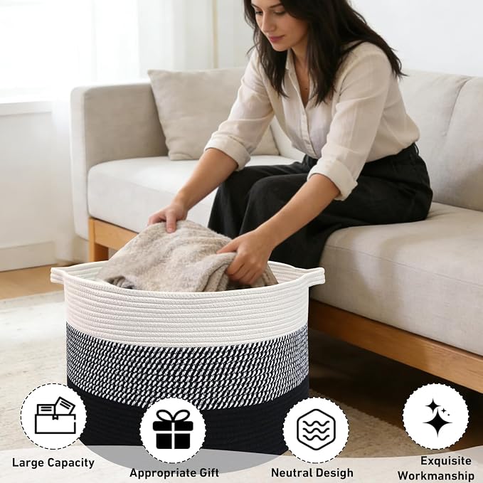 90L Extra Large Blanket Basket,Woven Rope Laundry Basket Hamper with Handles, Decorative Nursery Basket Storage Bin for Toys, Clothes Organizer, Living Room, Bedroom, Bathroom, Black