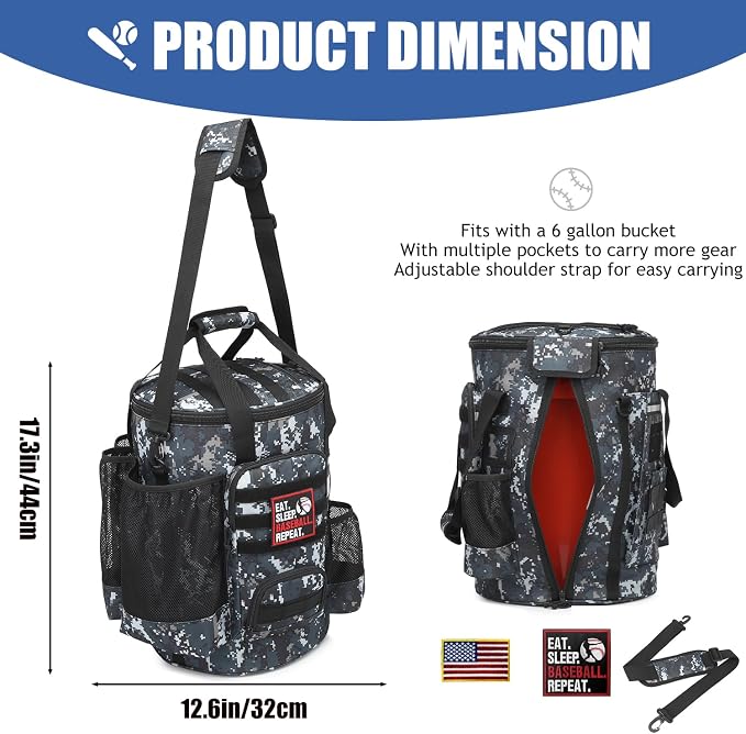 Baseball Bucket Bag 6 Gallon Multi Pockets Softball Coaching Equipment Bag | tactical Baseball Bucket Cover Organizer with padded Seat for Balls, Bat, Gloves, Scoreboards