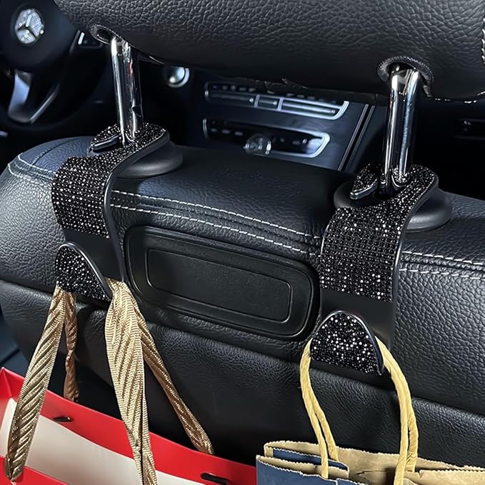 Zpana 4PCS Bling Car Seat Headrest Hooks, Vehicle Back Seat Purse Handbag Hanging Holder with Crystal Rhinestone, Diamond Storage Organizer Hook, Universal Automotive Accessories (Lake Blue)