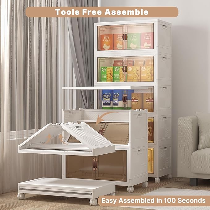 UAMFURI Stackable Storage Bins with Lids, 600QT Closet Organizers, Lockable Storage Cabinet，Foldable Storage Box with Doors and Wheels, Plastic Drawers for Home, Garage, Office (5, White, Large)