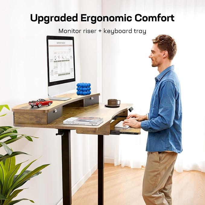 HUANUO 55" x 26" Electric Standing Desk with 2 Drawers & 26.7" Large Keyboard Tray, C-Clamp Mount Compatible, Adjustable Computer Desk for Home Office, Stand Up Desk with 4 Height Presets, Vintage