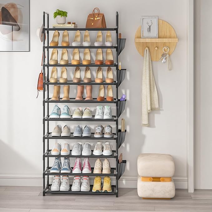 LUKYTOWER Tall Shoe Rack - 10 Tier Shoe Organizer 30-35 Pairs Boot Storage | with 5 Hooks, Pocket & Sturdy Large Vertical Shoe Shelf Stand Tower, Closet, Entryway, Bedroom, Garage, Free Standing
