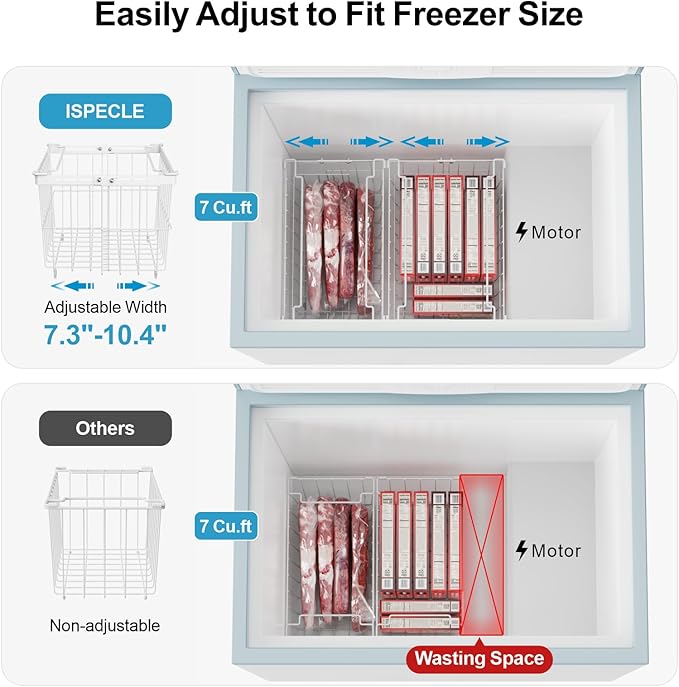 iSPECLE Freezer Organizer Bins - 5 Pack Adjustable Width for 5 to 7 Cu.Ft Chest Freezers, Stackable Wire Storage Baskets, Assembly Required, White
