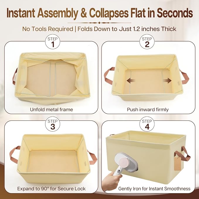 15" Long Fabric Storage Bins 6 Pack, with Handles for Shelves | Collapsible closet organizer bins, sturdy metal frame, 12 labels + twine, for clothes, toys, shelves.