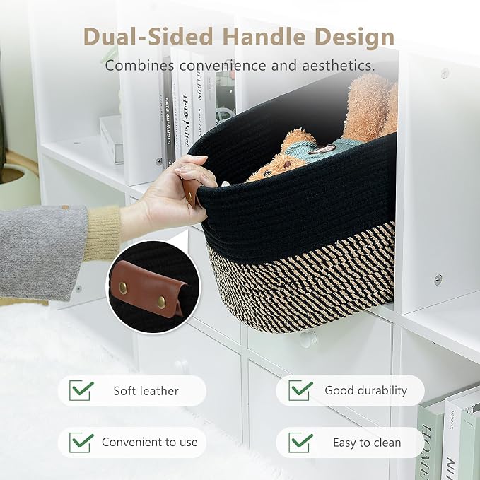 ECDYQXVU 15x10x9 Woven Cotton Rope Storage Basket, Leather Handles 1 Pack | Foldable Design, Sturdy PU Handles, Easy to Clean Organizer for Living Room, Closet, Shelves, Bedroom, Laundry, Clothes