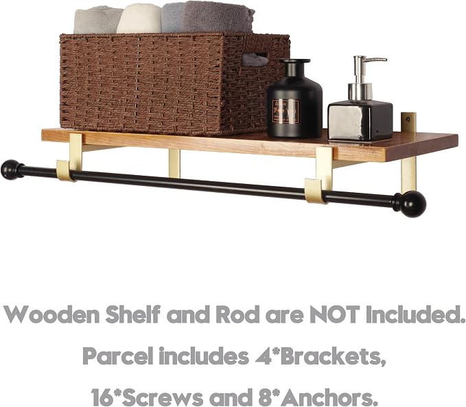 AddGrace Closet Rod Bracket Heavy Duty Shelf Brackets Gold 10 Inch 4 Pack | Fit for Closet Wardrobe Laundry Room and Kitchen, with Hook, Store Above and Hang Below, Supports 66 lbs, Easy to Install