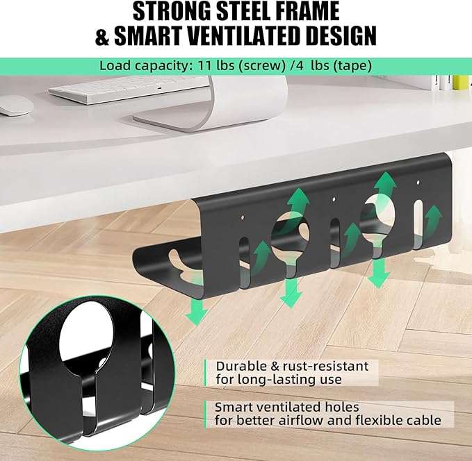 Cord Management Under Desk, 16.5" L x 4.7" W x 4.3" H, 2 Pack Under Desk Cable Tray, Wire Organizer for Power Strip, Tape Mount or Screw Mount, Easy Install Cord Raceway for Desk & Home