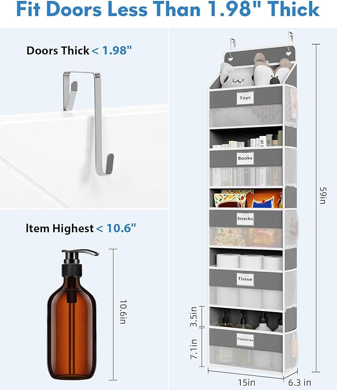 Optish Over The Door Organizer Hanging, 2 Pack 5 Shelf Behind The Doors Storage, Pantry Door Organizer, Closet Organizers for Bedroom and Nursery (Dark Grey)