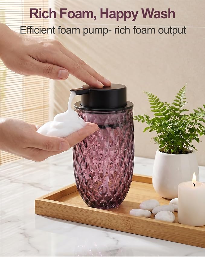 Glass Foaming Soap Dispenser, Purple Embossed Foam Hand Soap Dispenser | 2PCS Refillable Foaming Soap Bottle, with Black Pump for Bathroom, Kitchen, Elegant Modern Home Decor, 12 OZ Large Capacity