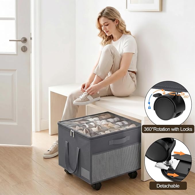 2 Pack Large Shoe Organizer for Closet, 32 Pairs Shoe Storage Box with 360° Wheels & Reinforced Handles, Adjustable Dividers, Clear Cover, Side Pocket, Foldable Oxford Fabric Bin for Entryway, Grey
