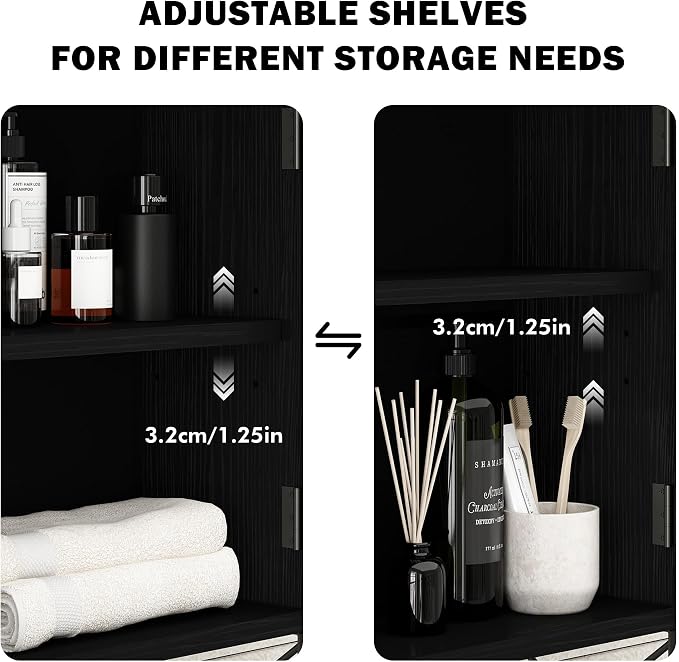 RUSTOWN Rattan Bathroom Wall Cabinet, Boho Over The Toilet Storage Cabinet | Arched Rattan Doors, Modern Medicine Cabinet, Adjustable Shelves, Towel Bar, Black