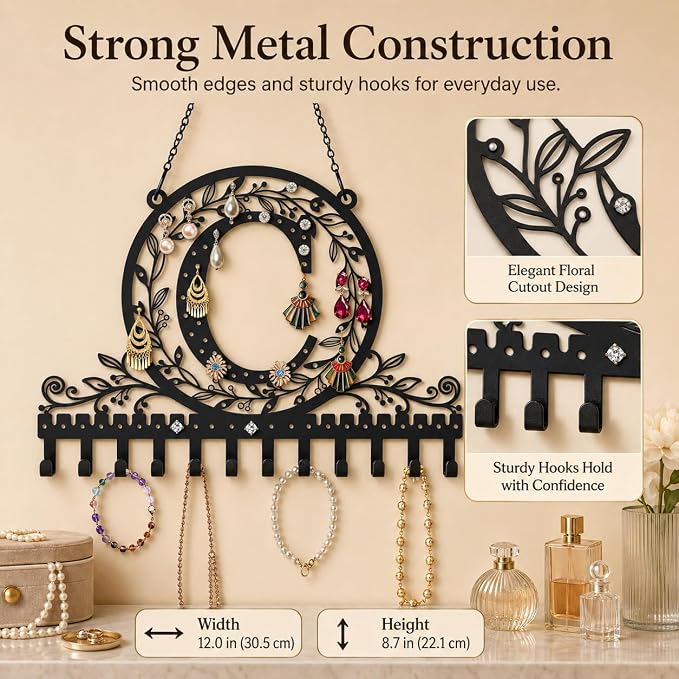Personalized Wall Mounted Metal Initial Letter C Earring Holder Jewelry Organizer for Earrings and Necklaces Space Saving Wall Display with Hooks Jewelry Storage Bedroom Vanity Gift for Women