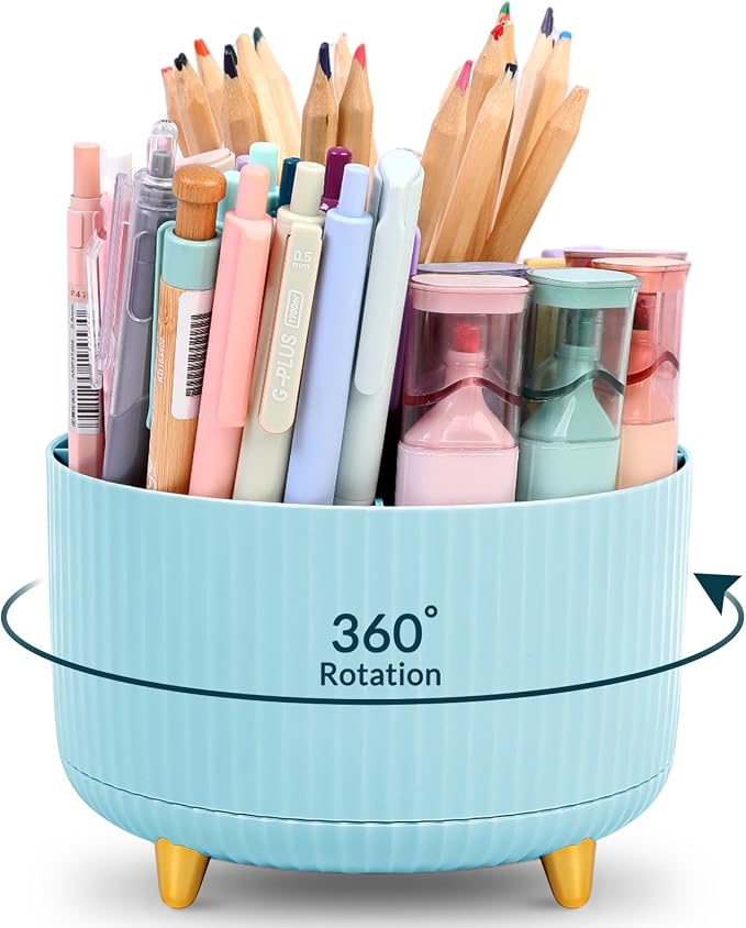 KONVINIT Pencil Pen Holder for Desk, 5 Slots 360-Degree Rotating Desktop Organizer, Cute Desk Organizers and Accessories for School, Home, Office and Art Supply, Blue