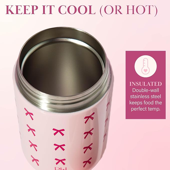 Paris Hilton Stainless Steel Food Jar, Double Wall Vacuum Sealed Insulated Food Storage Container with Carry Handle Lid, 16-Ounce, Pink with Bow Design
