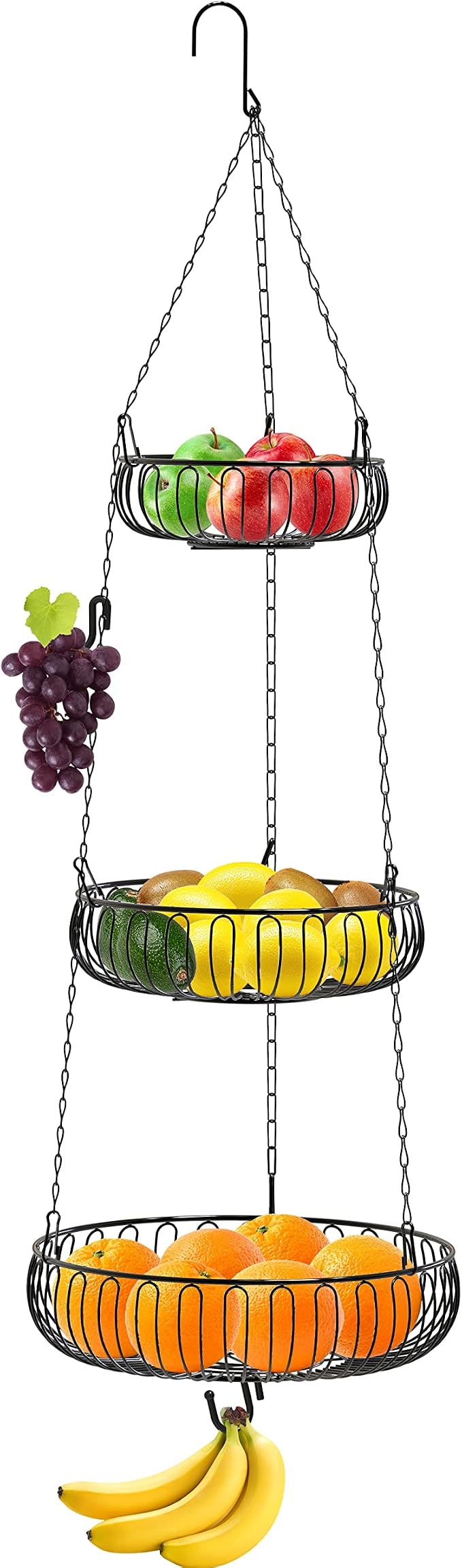 Simple Houseware Adjustable Metal Hanging Fruit Basket, Oblate, Black, 11" W x 11" L x 30" H | 11" W x 11" L x 30" H