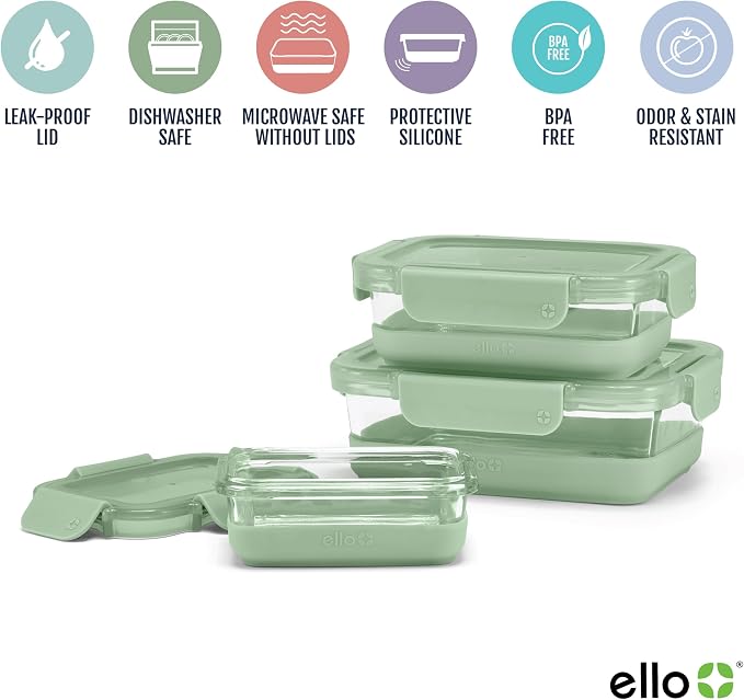 Ello Duraglass Refresh Mixed Meal Prep Set 6Pc, 3 Pack - Glass Food Storage Container with Silicone Boot and Airtight BPA-Free Plastic Lids, Dishwasher, Microwave and Freezer Safe, Cactus