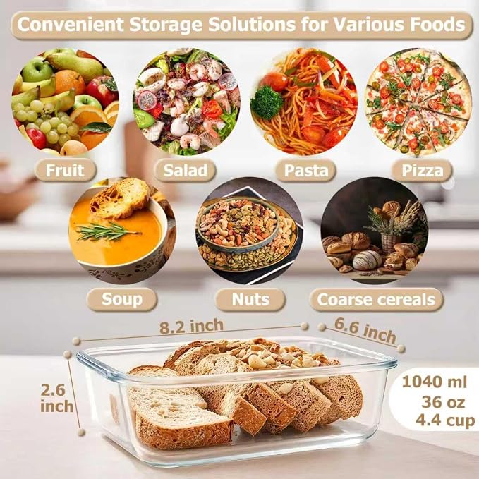 3 Packs 36oz Glass Food Storage Containers with Lids, Stackable Borosilicate Glass Bowls Meal Prep Lunch Containers Microwave Oven Freezer Safe (Gray-3)