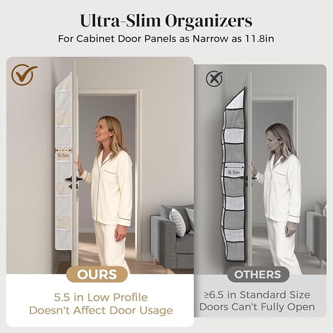 5 Tiers Ultra-Thin Over Door Organizer with 10 Mesh Side Pockets, 44 lbs Weight Capacity Hanging Storage Organizer with Clear Window Kids Toys, Shoes, Diapers, Beige