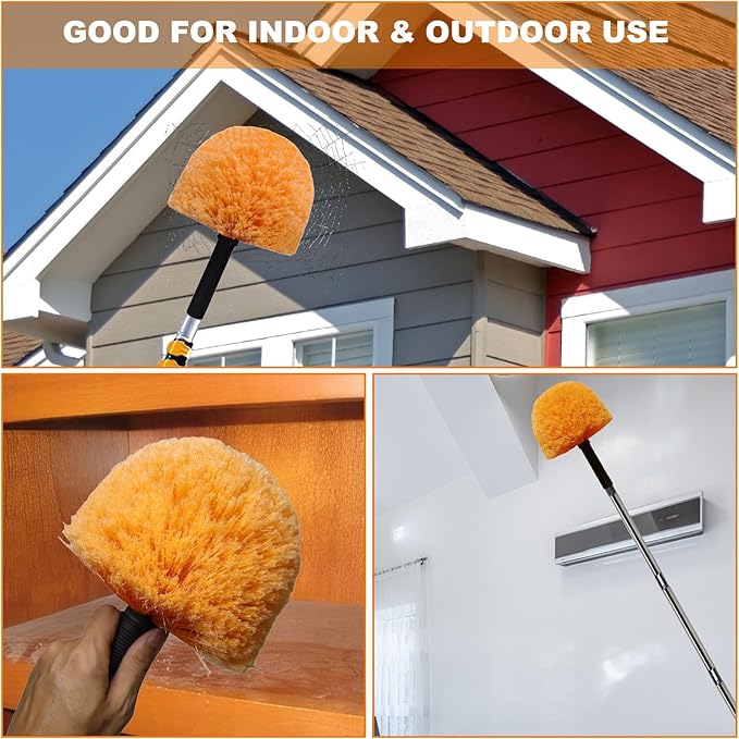2 Pack Robust Cobweb Duster Head Brush – Superior Twist-On Web Cleaning Tool – Spider Web Remover Brush Compatible with Standard 3/4 Inch Threaded Poles for Outdoor & Indoor Use – Head Only (Orange)