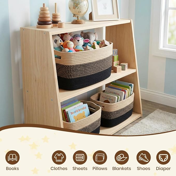 Storage Baskets for Organizing, 14 x 10 x 9” Closet Shelf Woven Baskets, Square Bins with Handles, Cotton Rope Basket for Clothes, Office, Room, Black+Brown 4 Pack