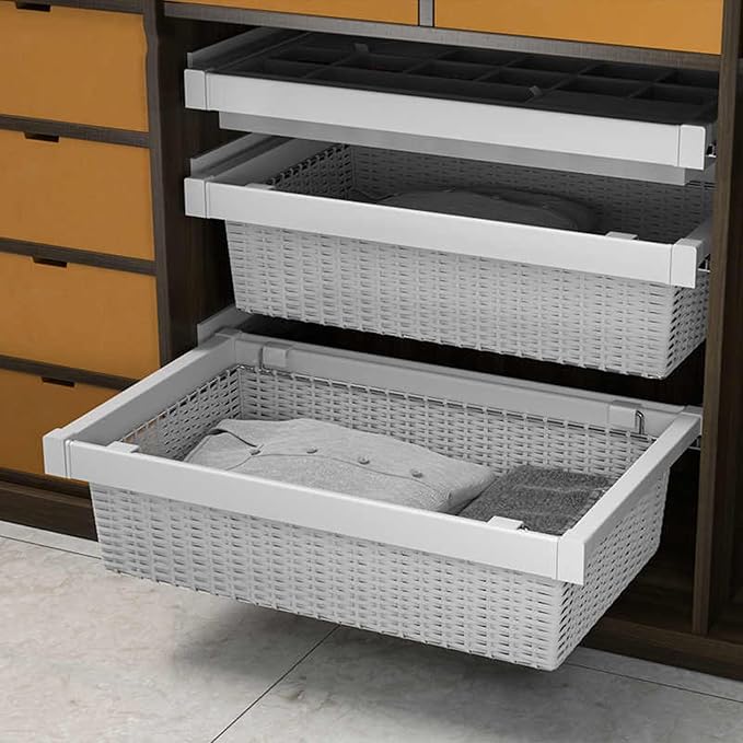 Pull Out Cabinet Storage Basket,Wardrobe Storage Organiser,Stackable Detachable Baskets Closet Storage Box,for Kitchen Office Wardrobes Cupboard Storage(White,437x20x750mm)