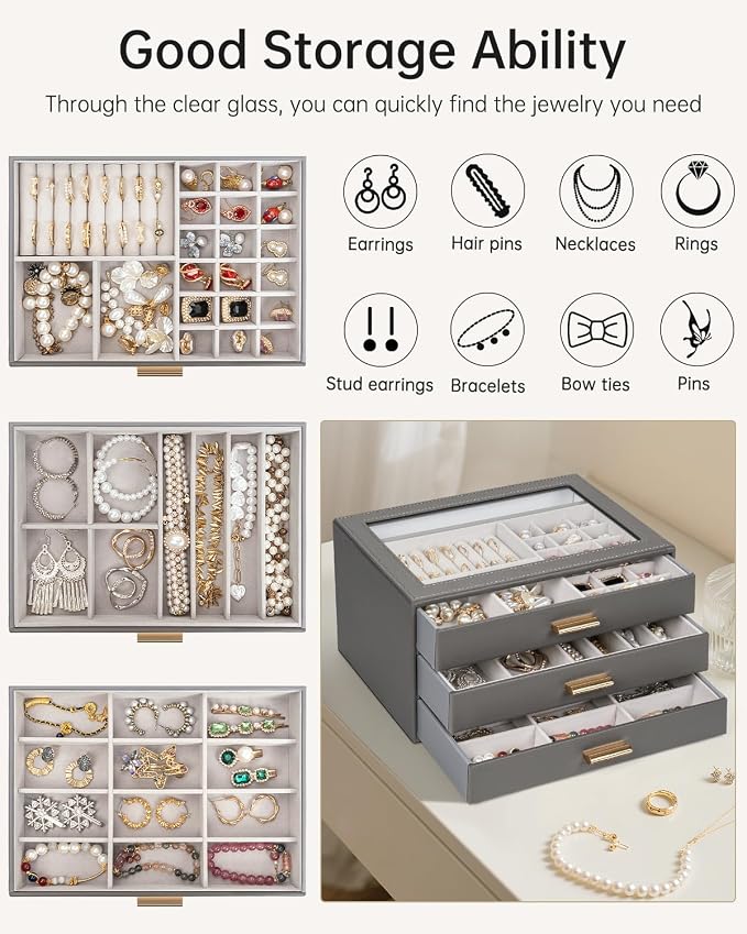 AKOZLIN Jewelry Box with Clear Lid Functional Leather Jewelry Storage Organizer Case 3 Drawers for Women Girls Necklace Ring Bracelet Earring