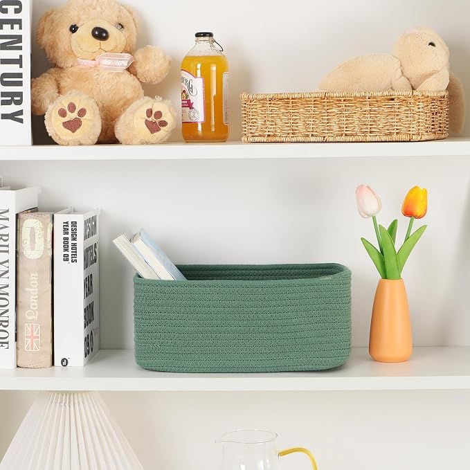 MiniArk Small Storage Baskets for Organizing | Closet Organizer Bins | Shelf Toy Basket | Woven Rope Baskets | Cube Decorative Box | Shallow Basket | 11.5x7.5x4.7” | 3 Packs Green