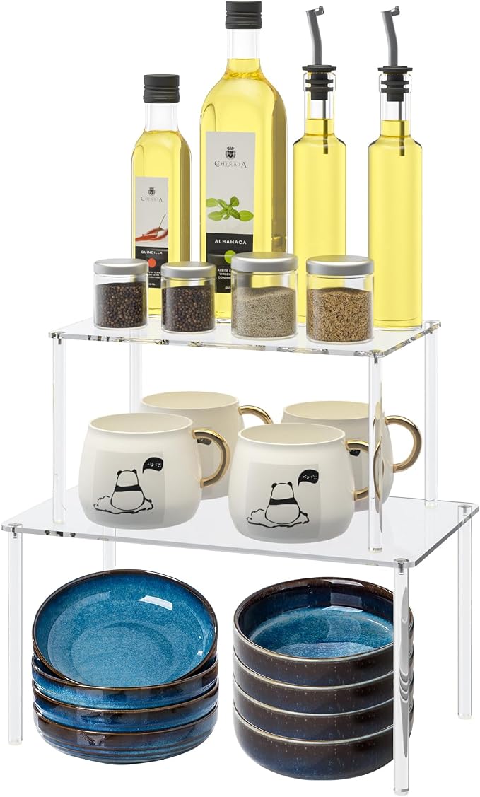 Jusalpha Acrylic Riser Stand Cabinet Organizer, Spice Rack Organizer, Desk Countertop Shelf, Pantry Kitchen Storage, Stackable Shelves for House Organization (Set of 2)