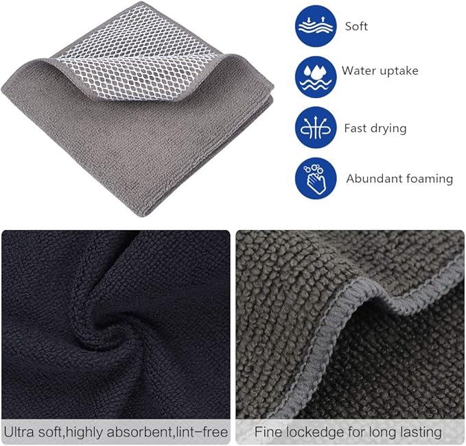 SINLAND Microfiber Dish Cloth for Washing Dishes Best Kitchen Washcloth Dish Rags Cleaning Cloths Poly Scour Side Color Assorted 12inchx12inch (Bluex4+whitex4+greyx4+brownx4+blackx4)