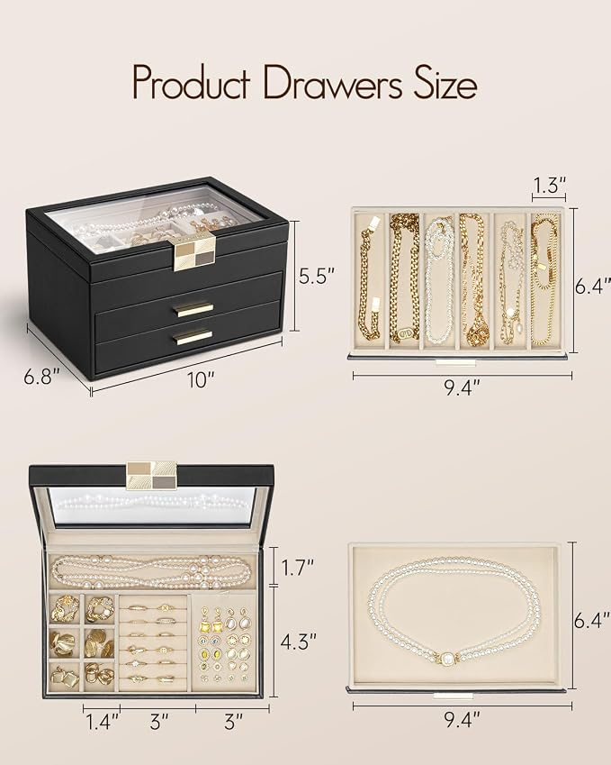 VLANDO Jewelry Box Organizer for Women, 3-Layer Jewelry Storage Case with Glass Lid, Gold Handle, 2 Drawers for Rings, Earrings, Necklaces and Bracelets - Black