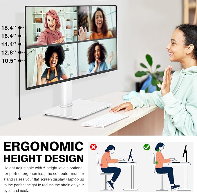 TAVR Furniture Single Monitor Stand VESA Mount for 13-32 Inch Screens | Free-Standing Monitor Riser with Swivel Tilt Rotation Height Adjustable, Universal Desk Stand up to 44lbs, White