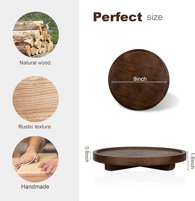 Round Decorative Tray Farmhouse Kitchen Decor Soap Dish, 9" Walnut | Waterproof, Lightweight, Easy Clean, Wood Riser Pedestal Stand Accessories for Office Desk, Vanity, Counter, Sink