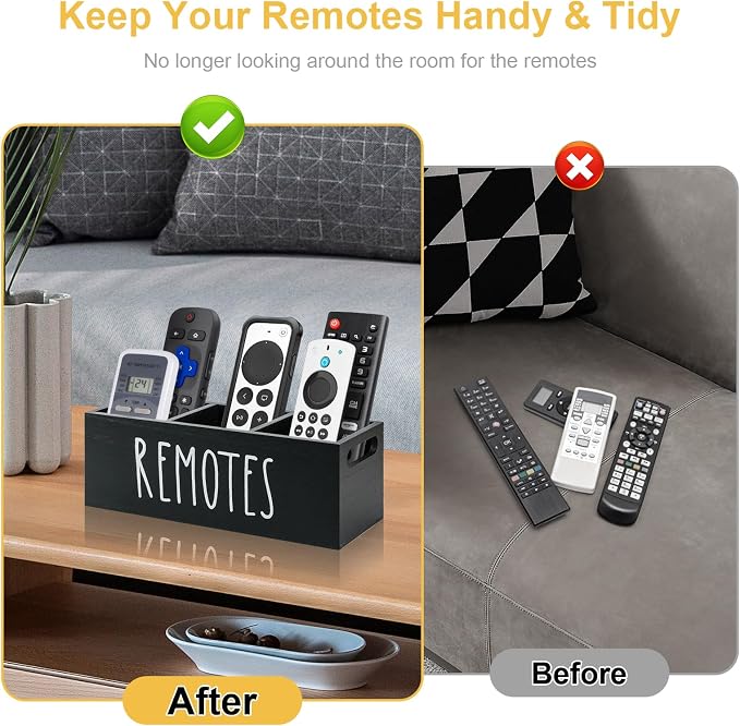 Remote Control Holder, Wooden TV Remote Holder for Table, Remote Caddy Organizer with 3 Compartments, Media Storage Box for Nightstand, Couch (Black)
