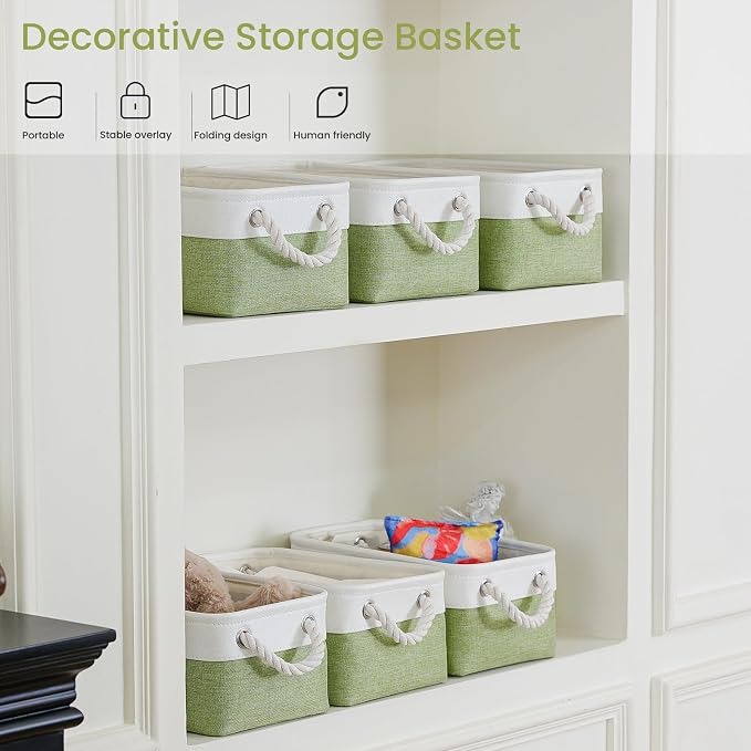 Storage Baskets for Shelves 11.8x7.9x5.2 Inch, Foldable Fabric Storage Bins with Handles, Small Storage Baskets for Organizing Closet, Office, Home Organization (1-Pack, White&Green)
