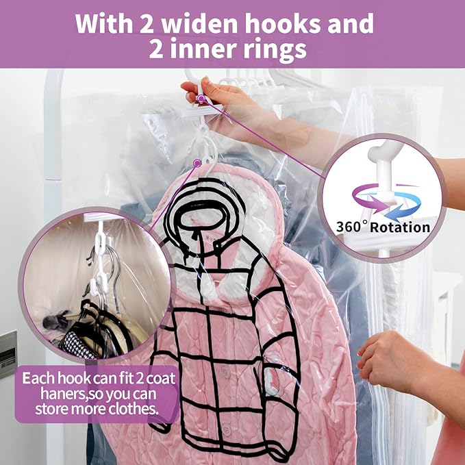 Meetall 6Pack Hanging Vacuum Storage Bag Reusable Space Saver Compressed Bag with Hangers.3pcs in 26.3x35.4inch(67x90cm) and 3pcs in 26.3x43.3inch (67x110cm).Work with Any Vacuum Cleaner.