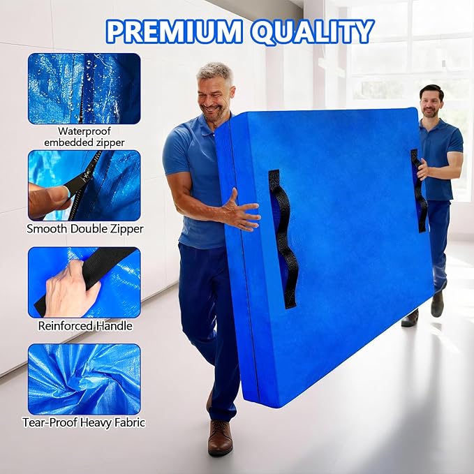 Heavy Duty Mattress Bags for Moving and Storage, Extra-Thick Queen Size Mattress Bag for Moving with 12 Handles, Reusable and Durable Storage Bag Protector with Zipper, Blue