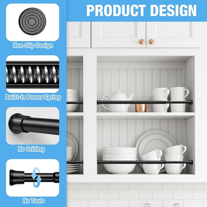 6 Pack Spring Tension Curtain Rods 27-38 Inches,5/8" Diameter Black Spring Load Adjustable Expandable,Small Short Tension Curtain Rod for Windows,Kitchen,Doorway,Bathroom,Cupboard Bars