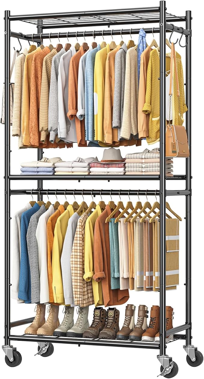 Simple Trending Clothes Rack, Portable Closet with Mesh Shelves, Black | Wardrobe Closet with Hooks, Multi-Functional, Sturdy Metal Garment Rack for Bedroom, Laundry